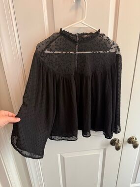 Zara Black Sheer Dot and Floral Yoke Blouse